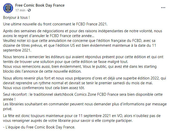 Free Comic Book Day France 21 annulé